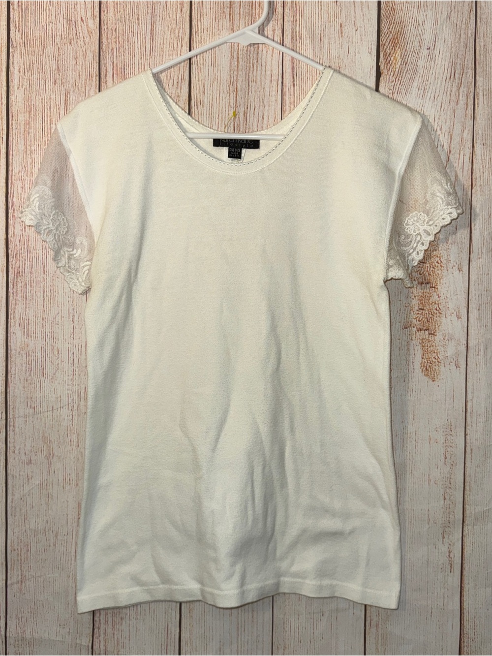 VTG Karen Kane Cream Crewneck Top with Lace Short Sleeves, S
